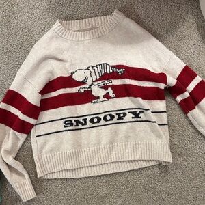 Snoopy Women's Cream and Red Sweater